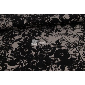 Tencel lyocell - Černé květy na šedé
