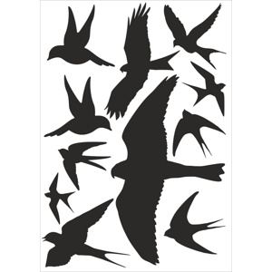 Silueta dravce proti narážení ptáků - samolepící fólie - 11 dravců na archu 30 x 40 cm Dravci - černá samolepící fólie - 11 dravců na archu 30 x 40 cm, Kód: 25127