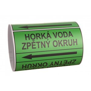 Páska na značení potrubí Signus M25 - HORKÁ VODA ZPĚTNÝ OKRUH Samolepka 80 x 62 mm, délka 1,5 m, Kód: 25891